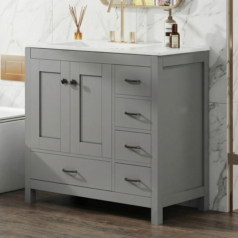 Meuble-lavabo de 36 pouces avec lavabo, avec 2 portes à fermeture en douceur et 5 tiroirs - Certifié EPA / UPC, Gris