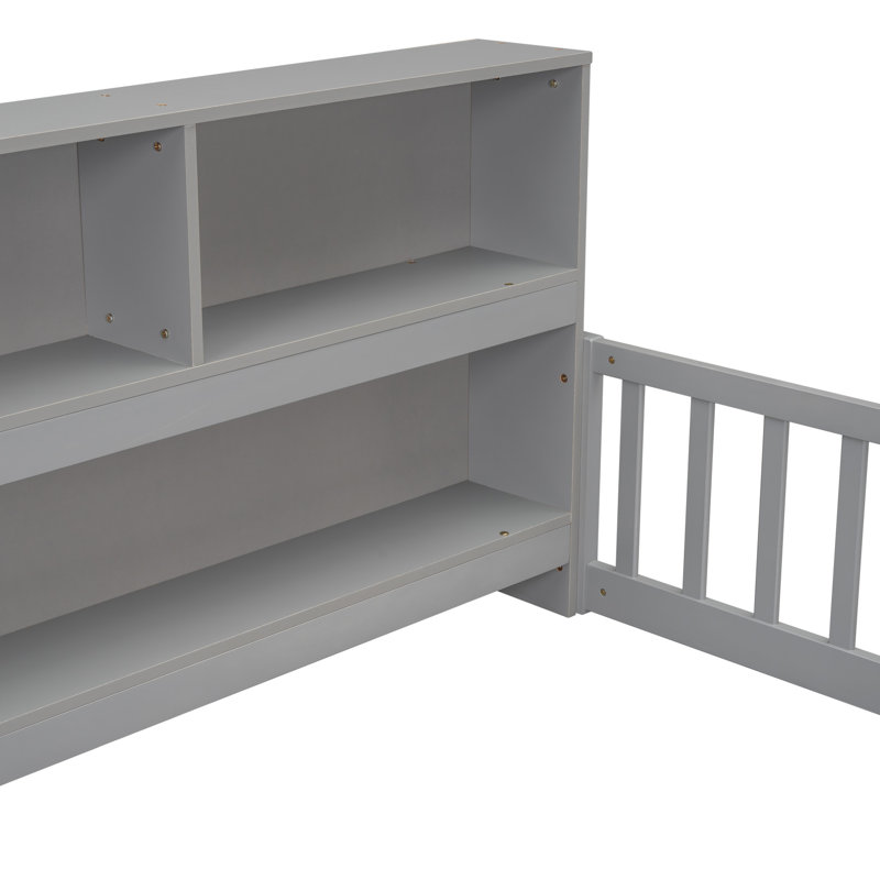 Lit double avec tablettes et bibliothèque - Gris, solution compacte, garde-corps gris, stable et sécuritaire