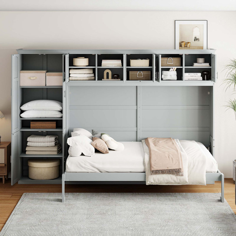 Grand lit escamotable mural avec armoires, Gris