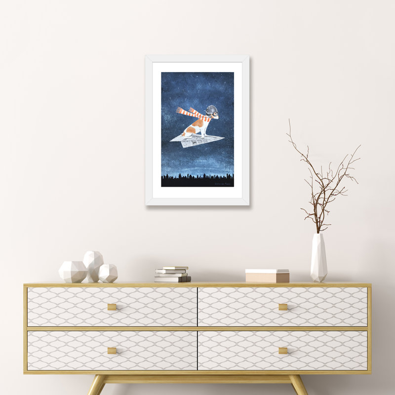 Jack Russell sur un avion en papier par Coco De Paris - impression d'art graphique, H 24 po x l 16 po x P 1 po, Blanc