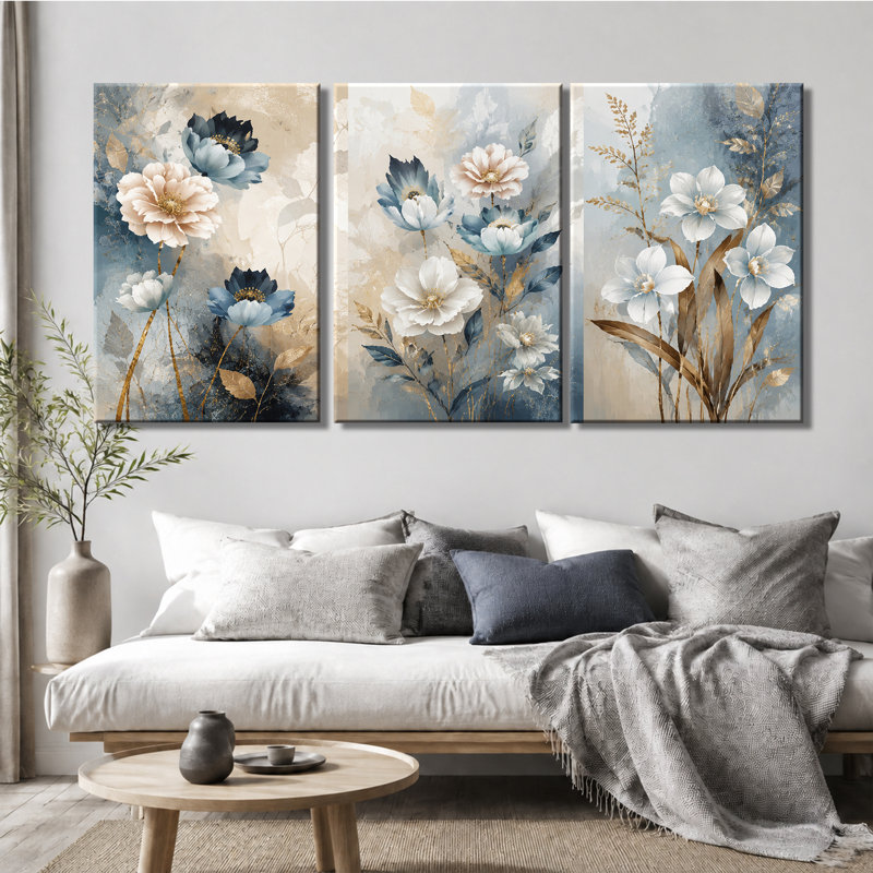 Tableau mural à 3 panneaux, impression sur toile à motifs floraux bleus, beiges et dorés, décoration murale abstraite de fleurs