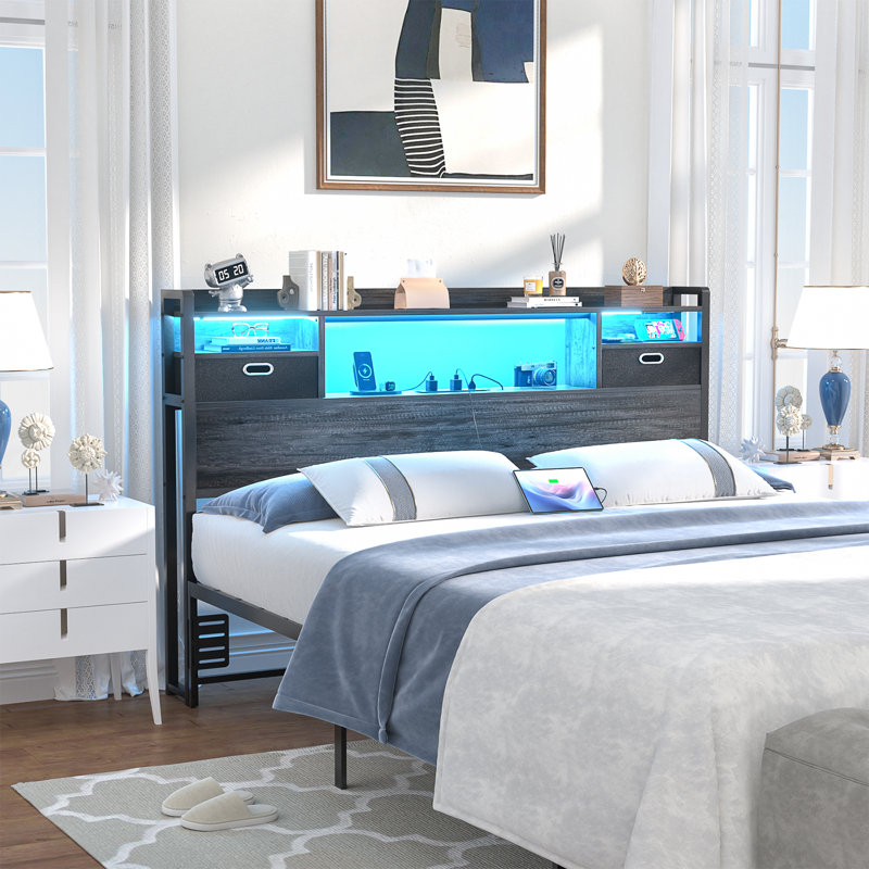 Storage Headboards With Cloth Darwers,Outlets,USB Ports And LED Lights, Gray, Queen