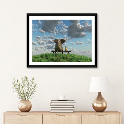 Éléphant et chien assis sur un pré - reproduction d'art