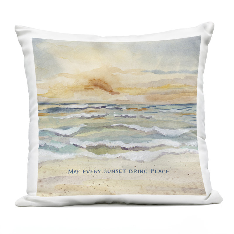 Conception de coussin d'extérieur imprimé «May Every Sunset Bring Peace» par Audrey Jeanne Roberts, Beige nautique