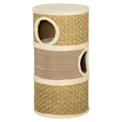 28 Inch Cat Condo, 3 Story Cat Hideaway With Sisal Scratching Pad, Barrel Shaped Small Cat Tree For Indoor Cats