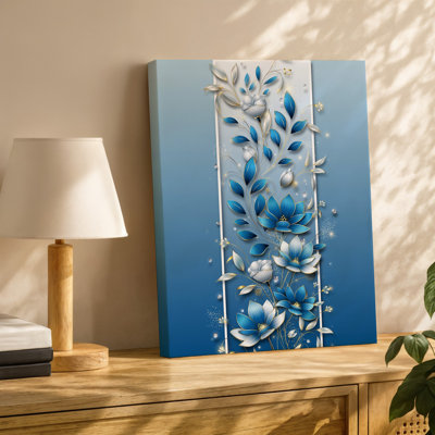 Toile d'un superbe motif floral complexe mettant en vedette de grandes fleurs stylisées dans des nuances de bleu et de blanc ornées d'art sur toile