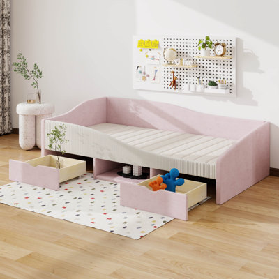 Upholstered Daybed with 2 Storage Drawers, Corduroy Velvet Daybed with Guardrail and Storage Shelf, Wooden Slat Support