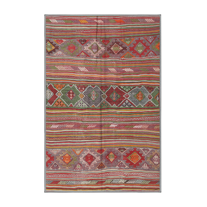Rouge contemporain/rose/Tapis décoratif vert, Rectangle 8 pi x 10 pi