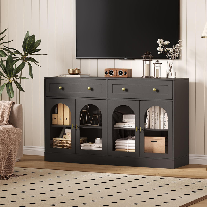 55" Farmhouse Sideboard Buffet Cabinet with Storage, Large Kitchen Buffet Cabinet with 4 Acrylic Doors and 2 Drawers, Black