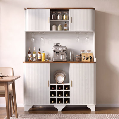 70" Tall Vintage Wooden Coffee Bar Cabinet, Fluted Door Storage Hutch with 9 Wine Racks & 4 Glass Holders for Kitchen & Dining Room