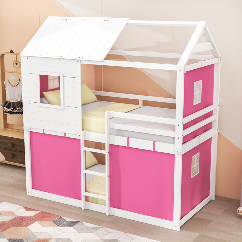 Frame House Bed With Tent And Ladder, Pink White, Twin Over Twin