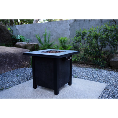 Table de foyer d'extérieur de 25 po de hauteur, 50 000 po, fibre de verre et fer, chaleur, rouille, longue durée, texture gris anthracite, noir, foyer chauffant pour terrasse 27,94 po x 27,94 po x 24,98 H, haute température