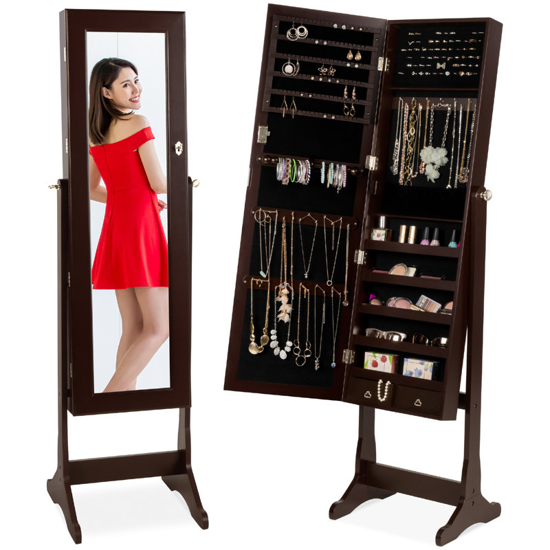 Naiyana Winston Porter Jewelry Armoire Cabinet, Full Length Mirror w/ Velvet Storage Interior, Lock, Brown