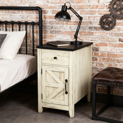 Rustic Farmhouse Nightstand with Drawer, Cabinet, and Charging Station