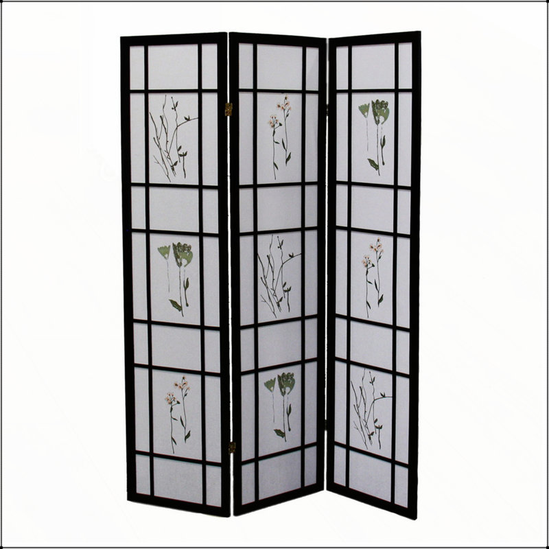 Paravent traditionnel à 3 panneaux d'inspiration asiatique Shoji avec imprimé floral, finition noire pour un décor élégant