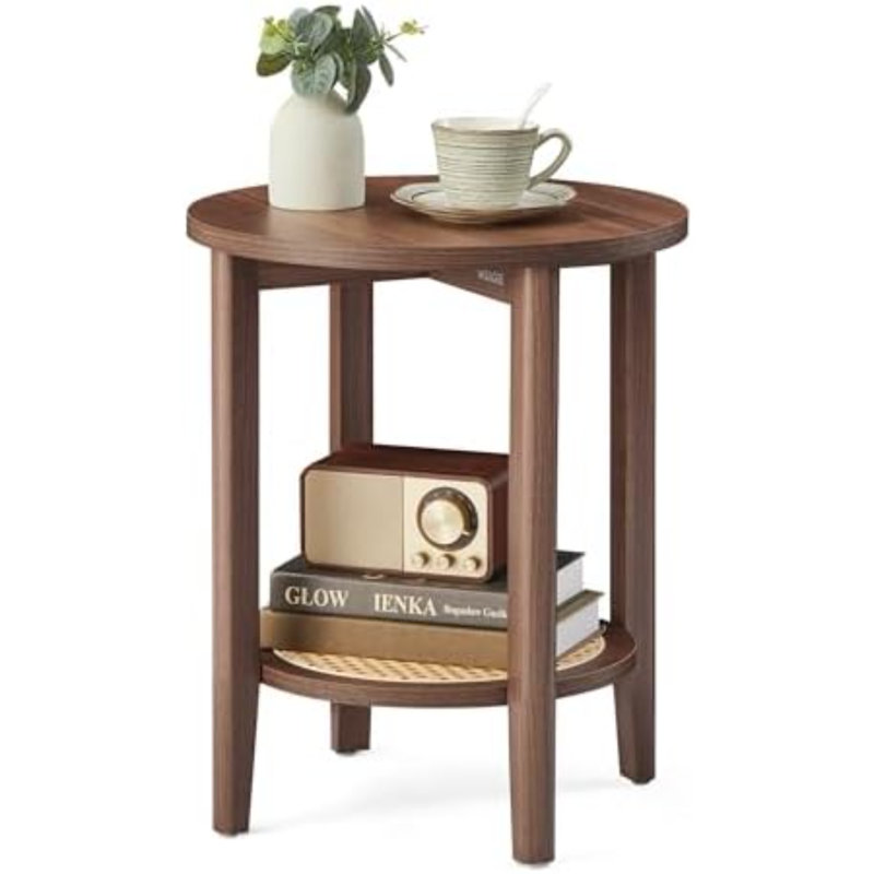 2-Tier Boho Bedside Table with Rattan-Look Storage Shelf, Nightstand for Small Spaces, for Living Room, Bedroom, Home Office, Black Walnut