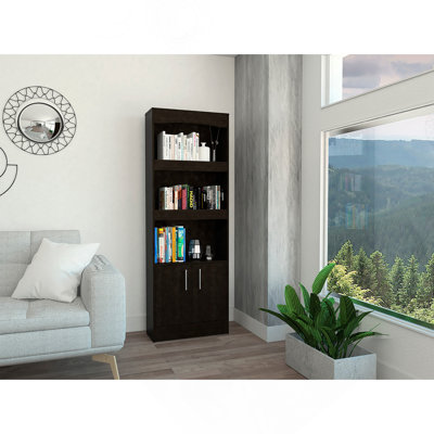 Bookcase, Metal Hardware, Three Shelves, Double Door Cabinet -Black