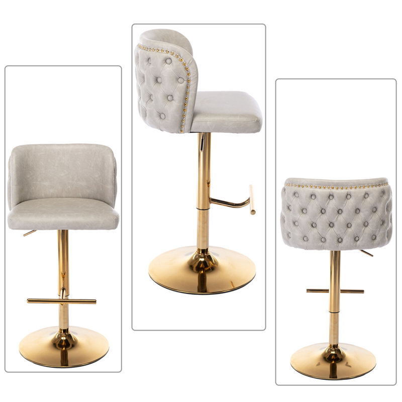 Marlone Swivel Adjustable Height Bar Stool, 2 Pcs, Gold, Beige