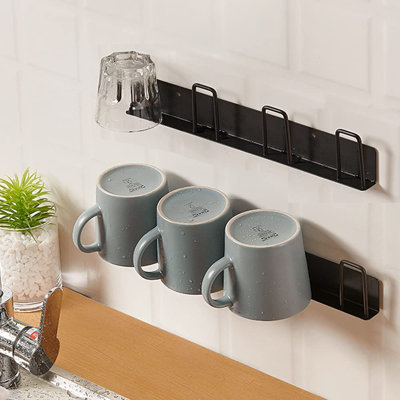 2Pcs Mug Hooks Wall-Mounted Mug Holder, Coffee Cups Holder Hanger No Drilling,Mug Rack Hooks With 4 Cup Holders,Cups Storage Hooks (Black)