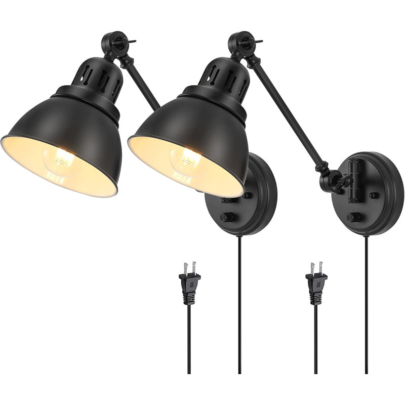 Ensemble de 2 appliques murales à brancher, éclairage mural avec interrupteur à intensité variable, lampe murale à bras articulé, luminaires industriels en métal noir