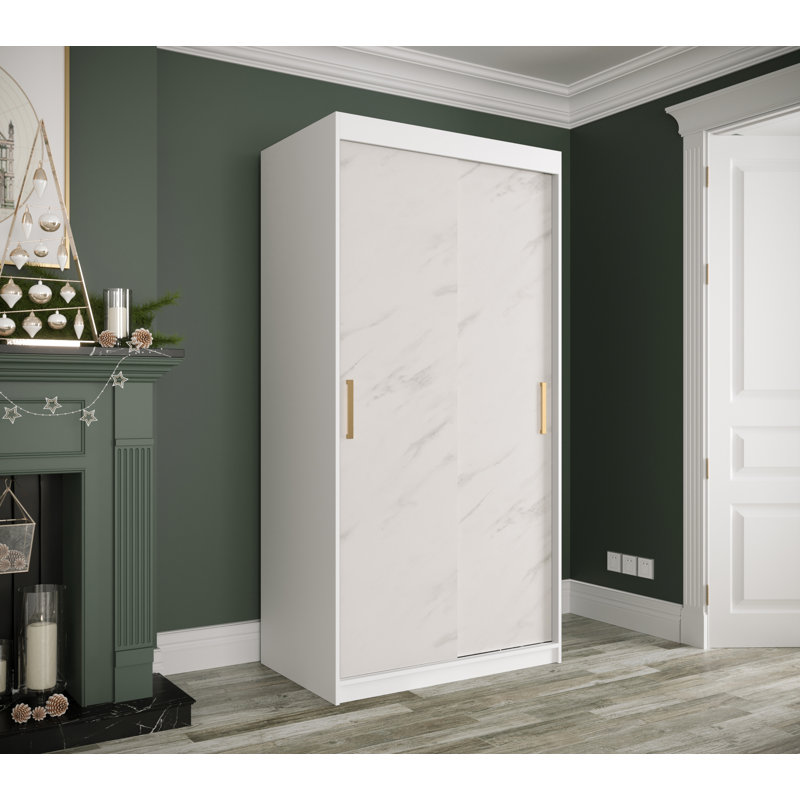Vaucluse 2 Door Manufactured Wood Wardrobe, 200cm H x 100cm W x 62cm D, White Matt/White Marble