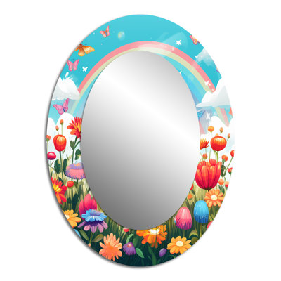 Purple Butterfles Idyllic Rainbow Flowerfield - Multi-Color Oval Wall Mirror Decor