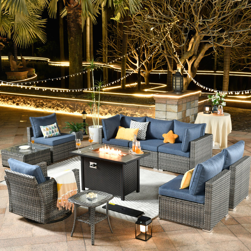 Premium All-Weather Wicker 7 - Person Patio Conversation Set with Cushions, Denim Blue