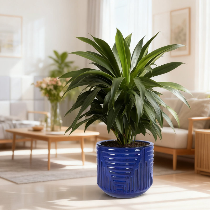 Pot de fleurs rond en céramique de 40 cm (16 po), grand pot intérieur/extérieur avec trou de drainage - Bleu foncé