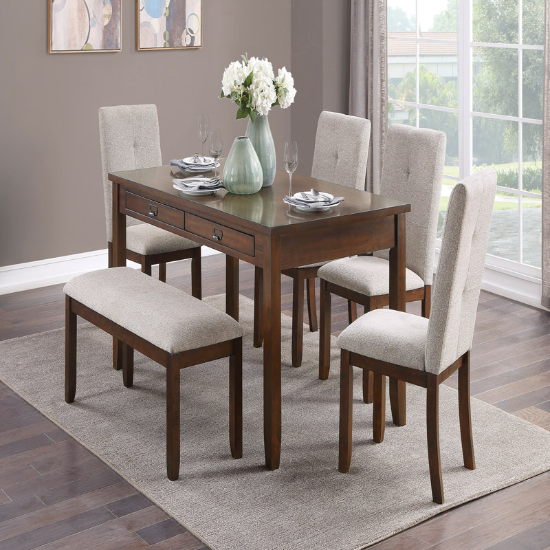 Ensemble de table de salle à manger à finition cerisier foncé 6 pièces et 4 chaises d'appoint en chenille avec fonction de tiroirs