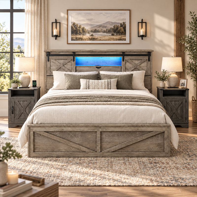 3-Pieces Bedroom Sets ,Farmhouse Bed Frame Queen Size With LED Lights And Charging Station,Nightstands Set Of 2 With 2-Drawer