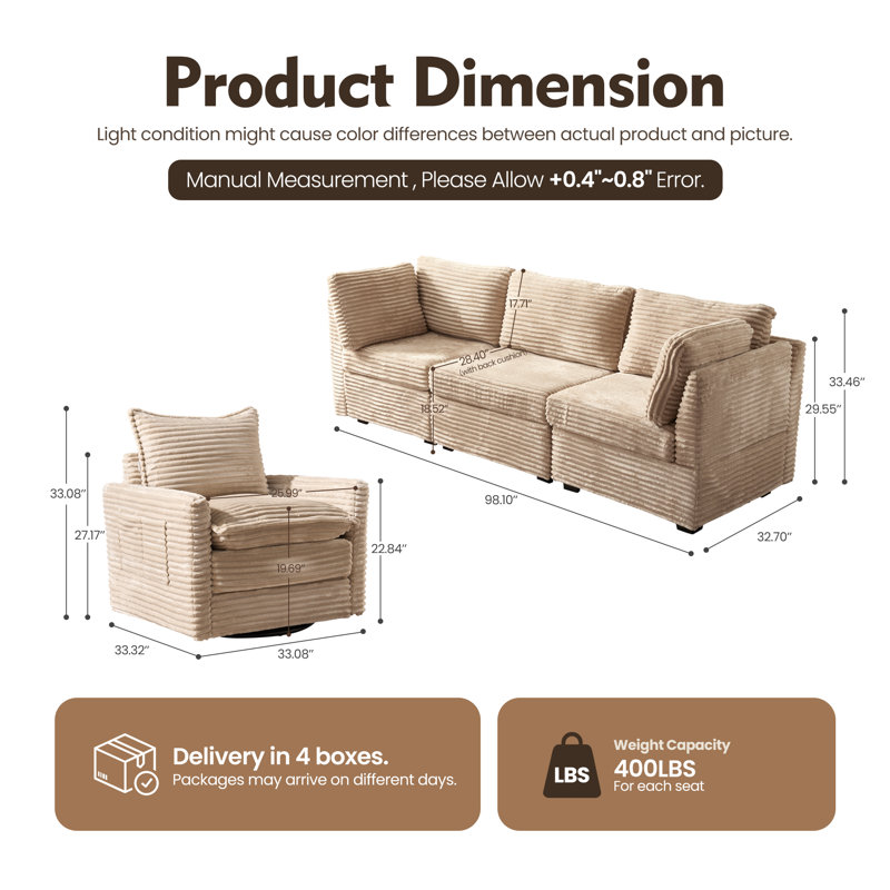 Ensemble de canapé modulaire en velours côtelé 4 pièces avec fauteuil pivotant, mobilier de salon moderne, Beige