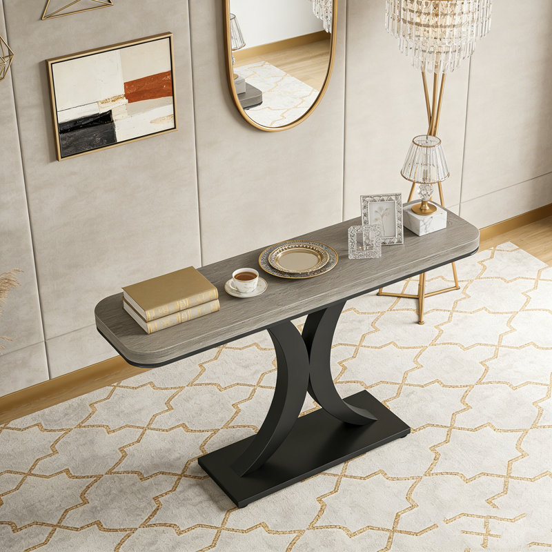 Narrow Entryway Foyer Table with Geometric Base, Gray & Black