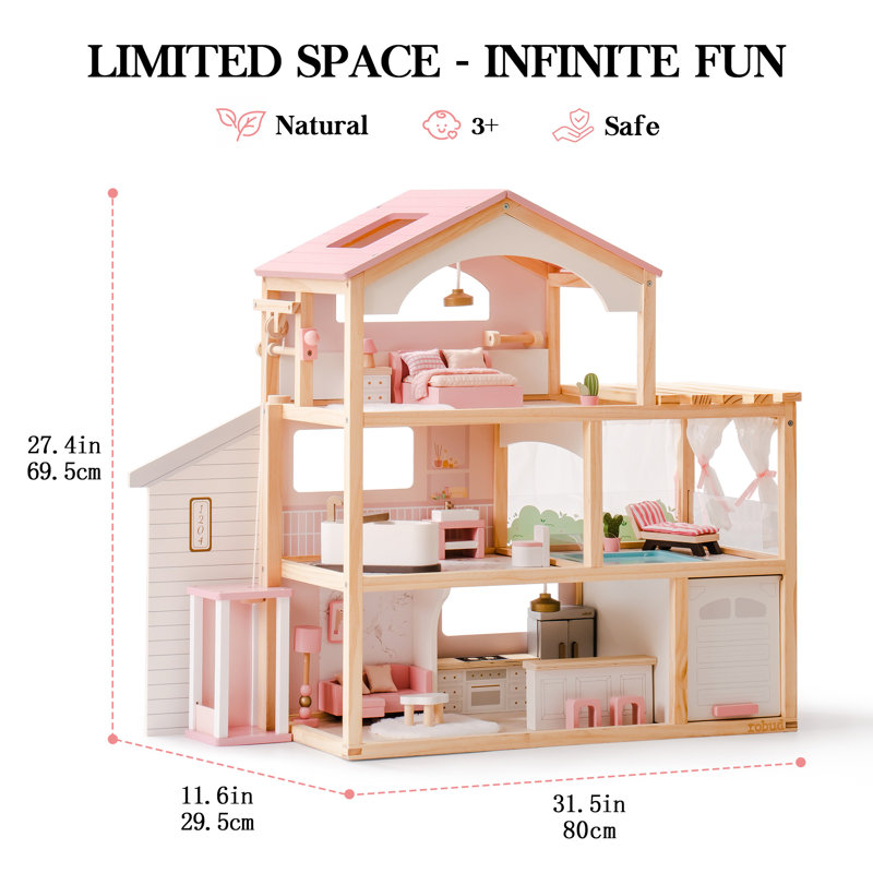 Large Wooden Dollhouse, Doll Villa With Furniture, With Elevator, Garage, Pavilion, And Swimming Pool, Gift For Children Aged 3, 4, 5, 6 And Up