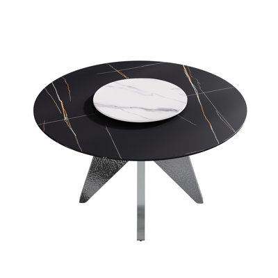 Table de salle à manger ronde de 53 po avec base stable en acier inoxydable et plateau en pierre frittée, plateau tournant blanc de 23,62 po, pour une capacité de 6 foyers