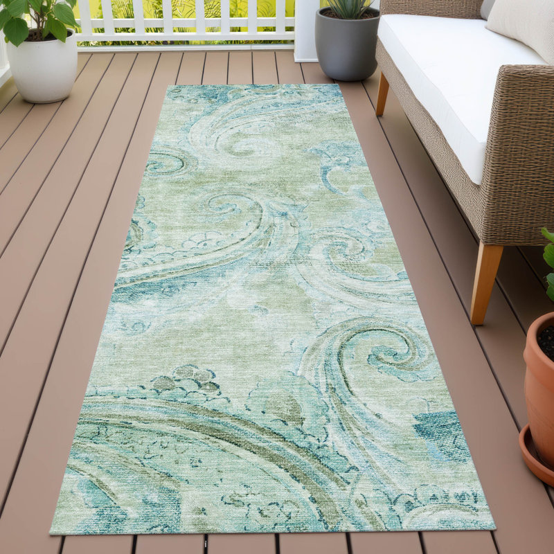 Tapis motif cachemire intérieur / extérieur lavable à la machine ACN2747, Sauge, Tapis de couloir 2 pi 3 po x 7 pi 6 po