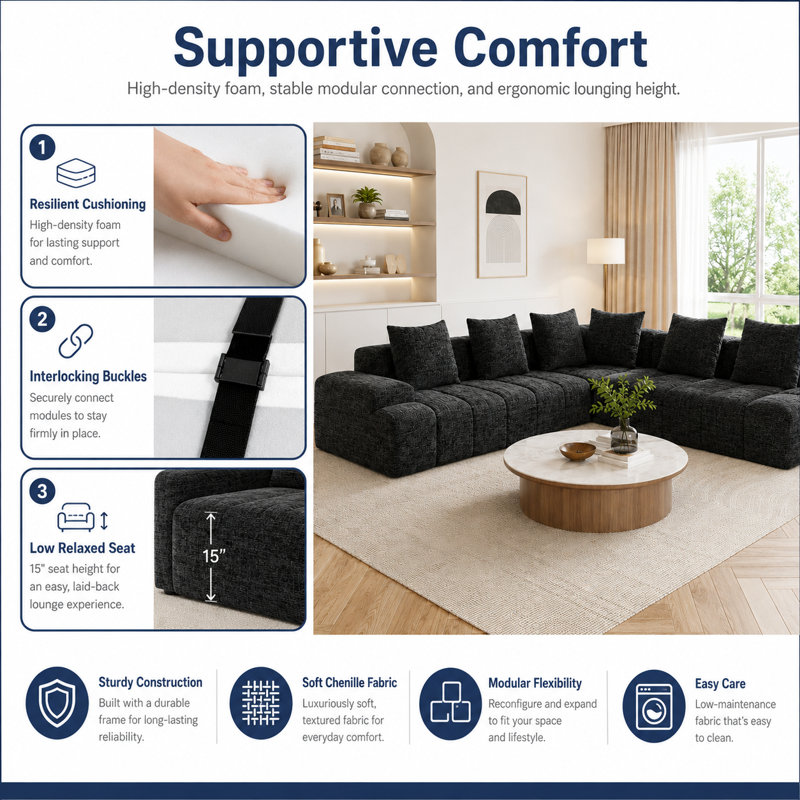 Upholstered 108" Chenille Frameless L-Shaped 3-Piece Cloudy Boneless Corner Sectional with 6 Throw Pillows,No Assembly Required