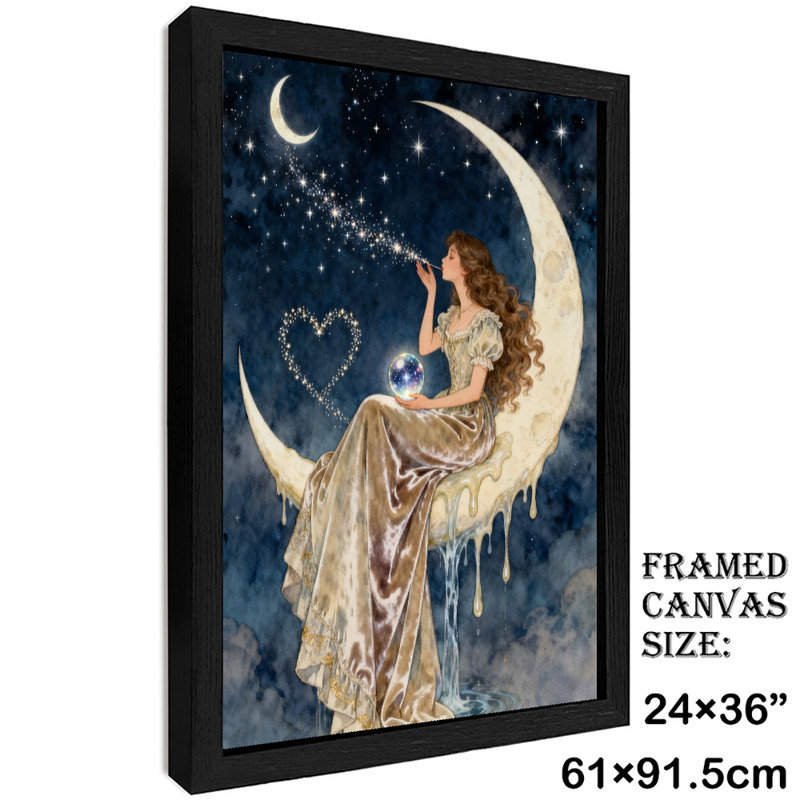 Art mural noir inspiré de la lune, femme encadrée, décorations célestes bohémiennes mystiques, H 37 po x l 25 po