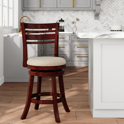 24" Counter Stool With Slat Back And Swivel, Cherry, Beige Fabric, Adds Charm To Room Height Swivel Seat, Creates Inviting Space