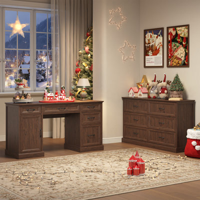 Hailiey 2 Pieces Computer Desk Office Set,Writng Desk & 6 Drawer Dresser