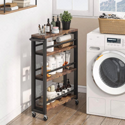 Chariot utilitaire à roulettes 20 po à 4 niveaux avec roulettes, chariot de rangement étroit pour la cuisine pour petits espaces, étagère à épices en bois et en métal, étagère mobile pour garde-manger, salle de bain - brun et noir