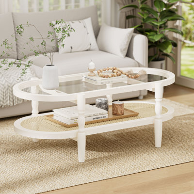 Table basse en verre avec tablette en rotin