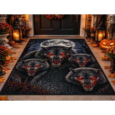 Tapis d'extérieur 152 x 213 cm, motif loup-garou aux yeux rouges et pleine lune pour l'Halloween, tapis bouclé imperméable en PVC, tapis résistant à séchage rapide pour porche, terrasse, balcon ou entrée.