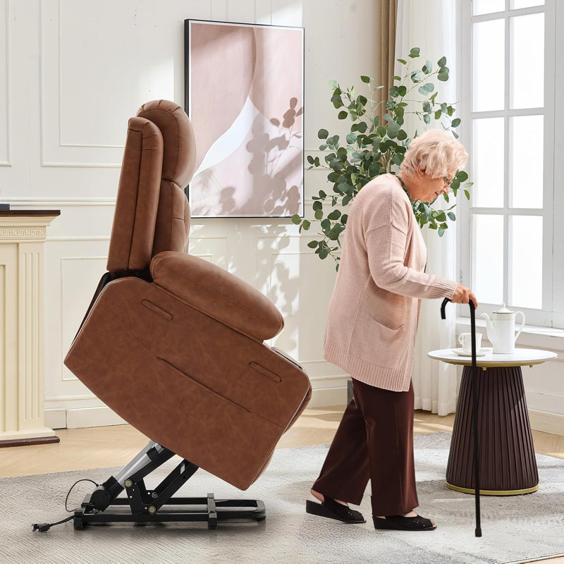 Fauteuil inclinable électrique surdimensionné avec fonction de levage et massage chauffant, en cuir PU marron