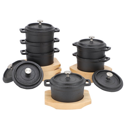 MegaChef 6 Piece Cast Iron 8 Ounce Mini Dutch Oven with Wood Tray
