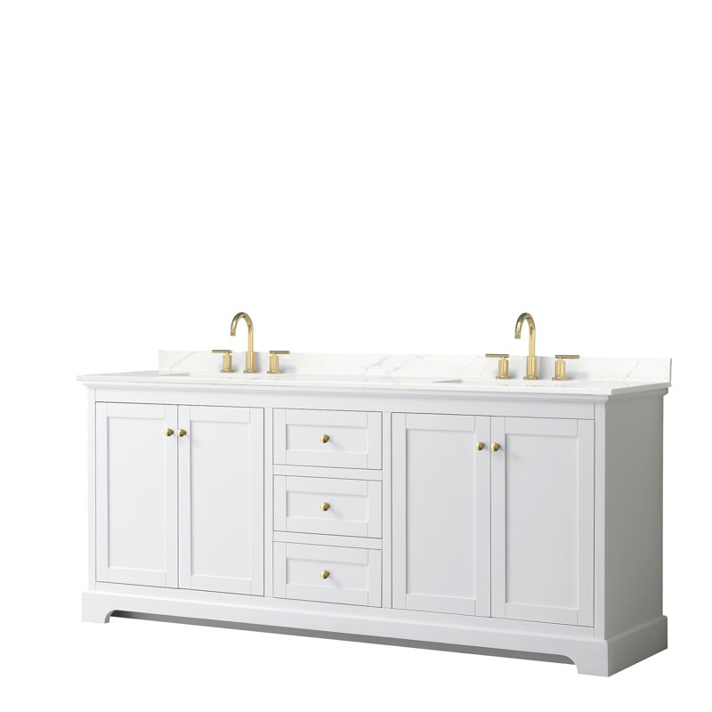 Meuble-lavabo double autoportant avec plateau Avery, Quartz blanc, Blanc, Or brossé