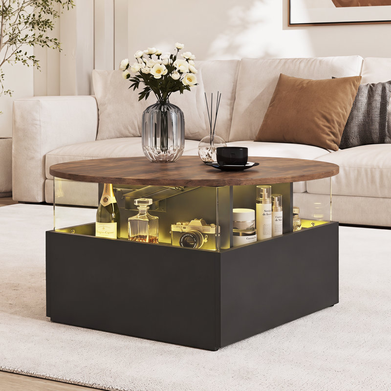 Solid Round Coffee Table with Two Drawers, Rustic Brown/Black