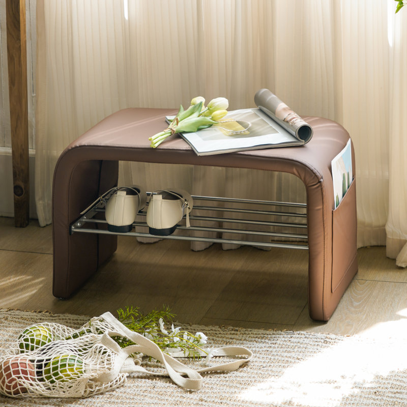 Banc de rangement en similicuir rembourré avec cascade et rangement, Marron foncé