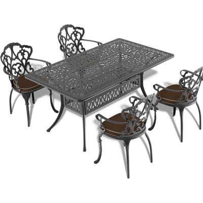 5-Piece Black Cast Aluminum Outdoor Dining Set, Patio Furniture With Rectangle Table And Random Color Cushions -  Bloomsbury Market, F8A119DFB44A4CBF82397B12365029F7