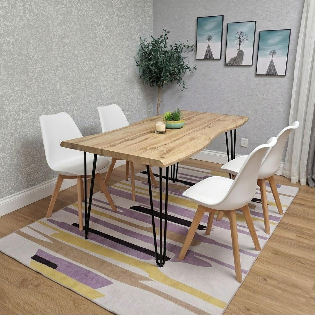 Kosy Koala Modern Dining Table 140Cm With Metal Hairpin Legs & Set Of 4 White Dining Chairs - Brown - Image 4