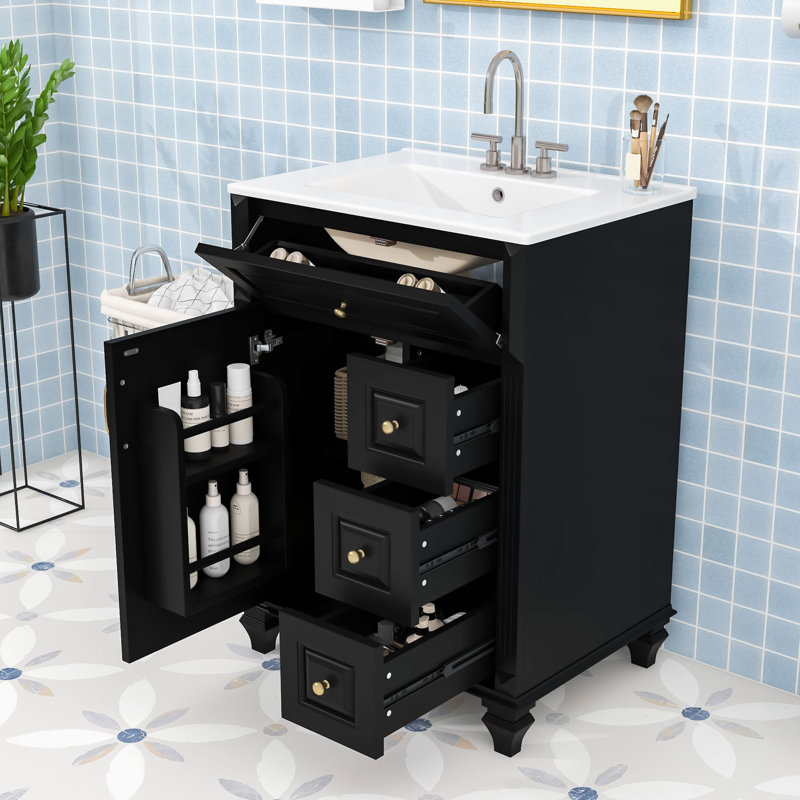 Meuble-lavabo autoportant élégant avec rangement intelligent et lavabo, Noir